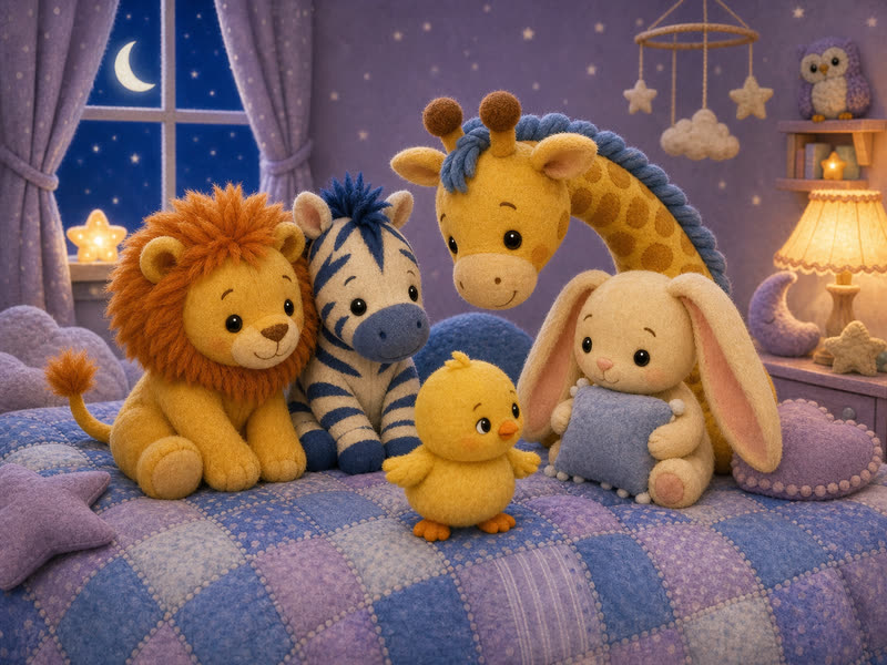 The Cozy Middle: Tiny Nino Chick looks left and right at the edge of the quilt while the animal friends wait kindly. Leo Lion sits nearest with a warm soft mane, Zizi