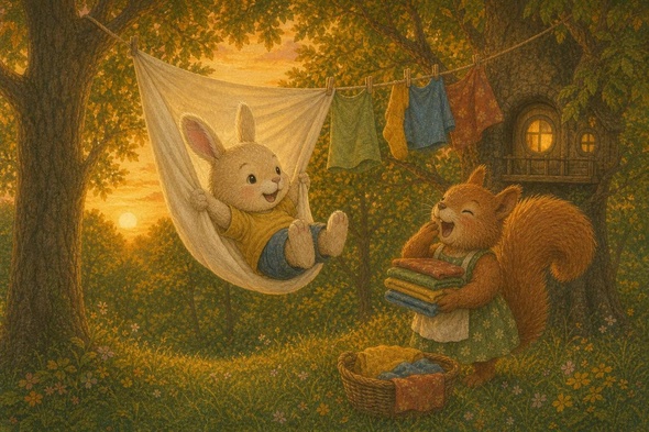 Benny swings from a pale bedsheet while Rusty the squirrel laughs sleepily and folds laundry by her tree house.