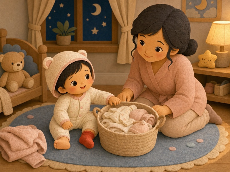 Mimi and the Warm Red Sock: Mama and Mimi looking for the missing red sock beside the changing mat. Mimi is fully dressed in the same soft white pajamas with tiny pink buttons