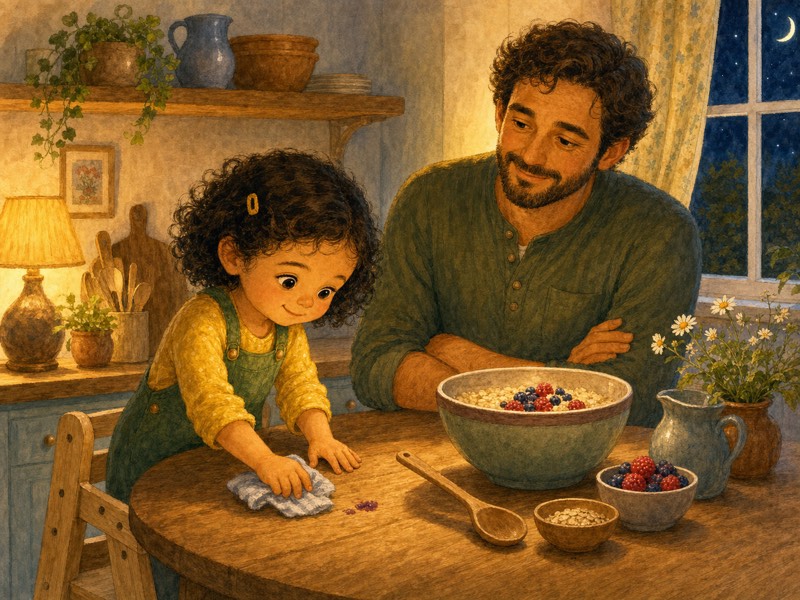 The Wobbly Wooden Spoon: Lena cleaning the tiny purple berry spot with a small cloth while Papa smiles calmly beside her; Lena wears the same yellow shirt and green overalls,