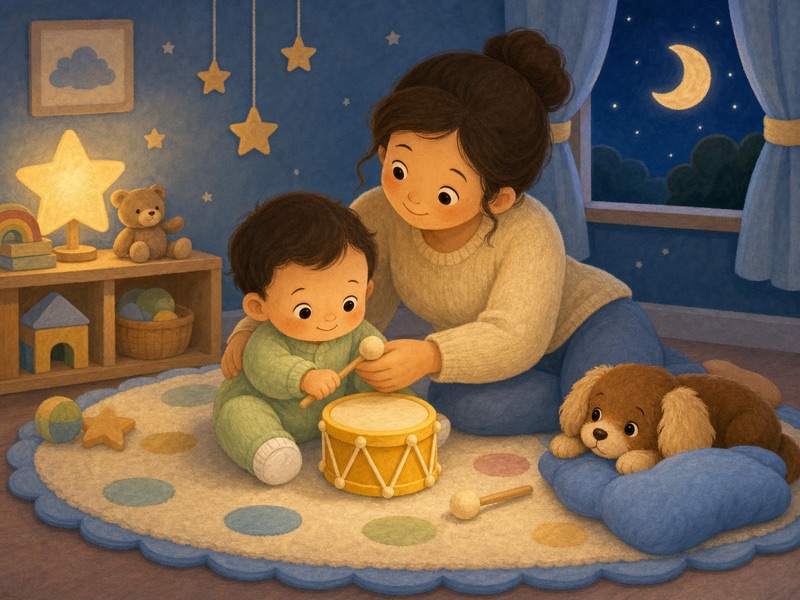 Bibi Taps Softly: Mama gently touches Bibi's hand and helps Bibi hold the little drum stick again, teaching soft hands. Bibi wears the same pale green romper and white