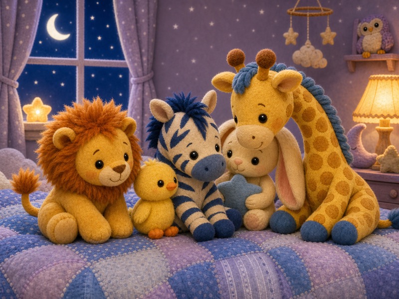The Cozy Middle: Nino Chick stands close beside Zizi Zebra on the blue-and-lavender patchwork quilt. Zizi Zebra sits very still and gentle. Leo Lion sits nearby, Gigi