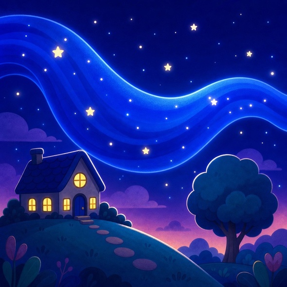 Blue stretches over the house, hill, and tree to become the night sky.