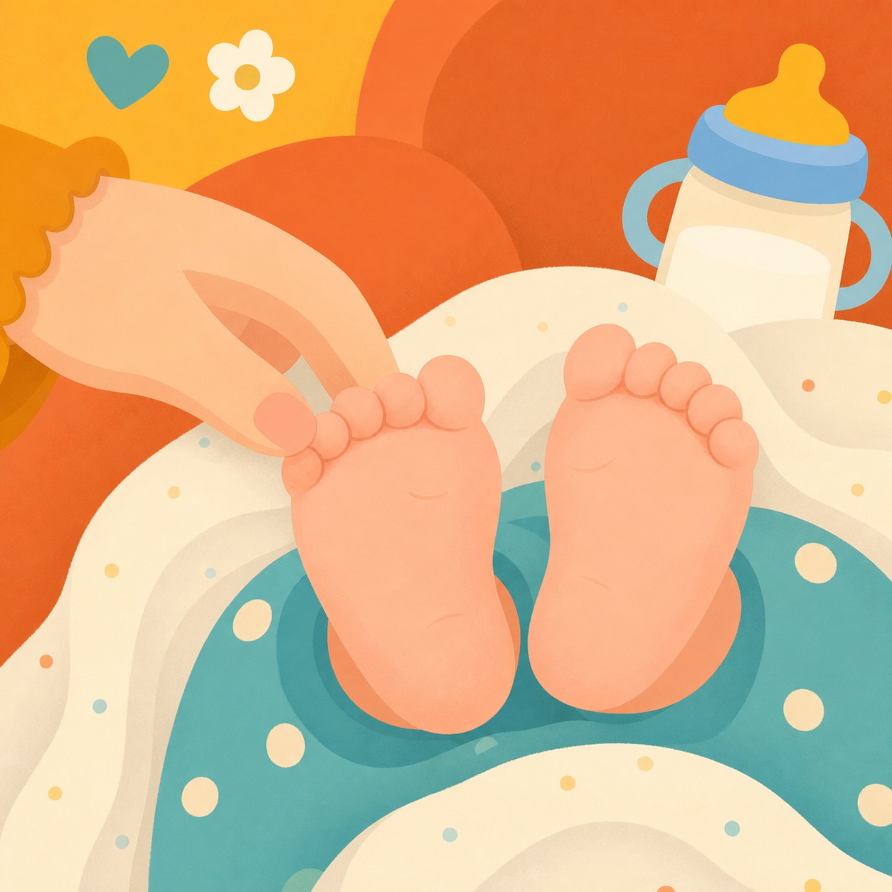 Ten Little Toes: Cozy curled baby toes rest close to Mama's gentle hand after warm milk.
