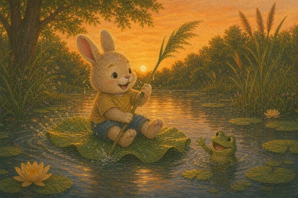 Benny and Croak the frog cross a sunset pond on a broad green leaf raft after a playful splash.