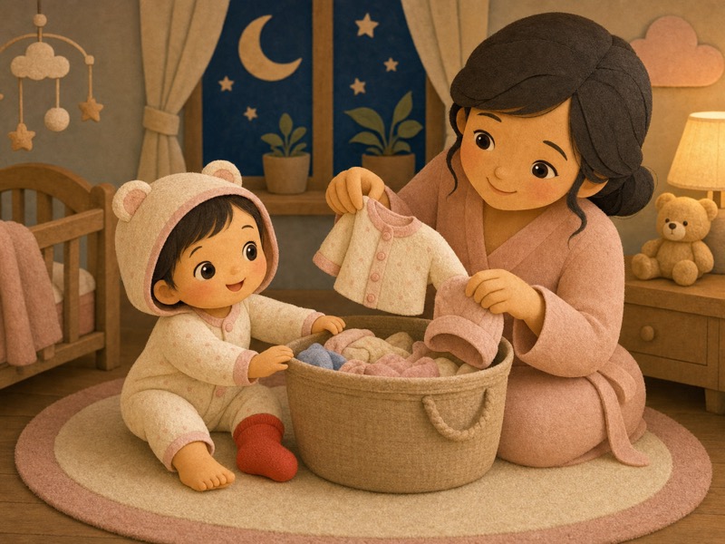 Mimi and the Warm Red Sock: Mama gently pulling a tiny shirt and a small hat from a soft laundry basket while Mimi pats the basket and watches. Mimi is fully dressed in the same