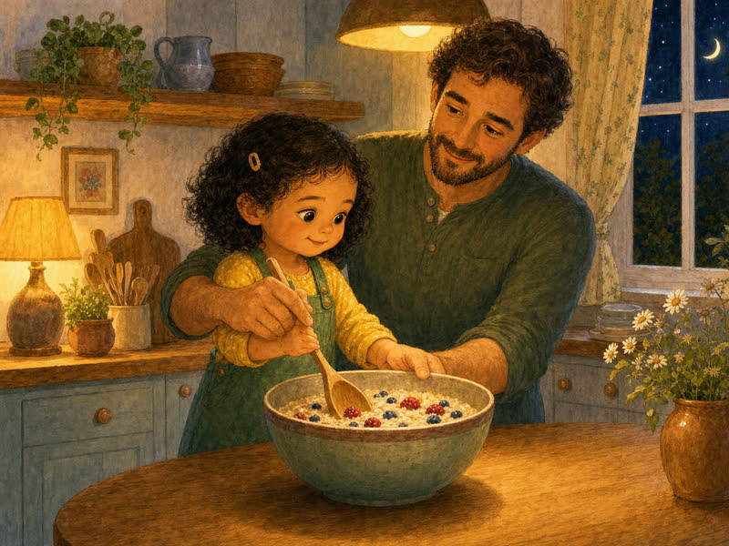 The Wobbly Wooden Spoon: Papa guiding Lena's hands gently as she stirs slow circles in the big bowl with the plain wooden spoon; Lena wears the same yellow shirt and green