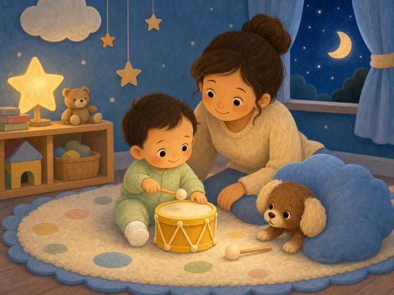 Bibi Taps Softly: Bibi taps the small yellow drum softly while Pip peeks out from behind the big blue pillow and takes one tiny step closer. Same baby outfit, same
