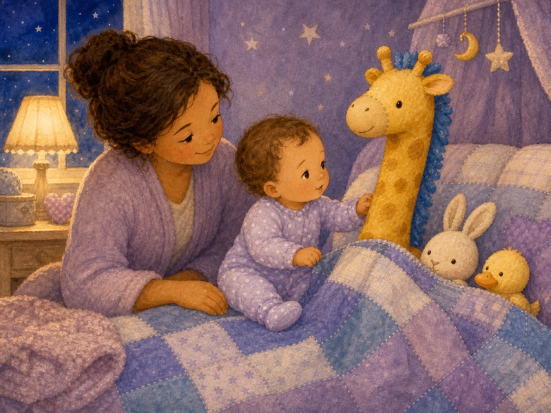 Nell Tucks In Tall Giraffe: Nell, a baby in pale lavender pajamas with tiny white dots, sits safely on a blue-and-lavender patchwork quilt in a cozy lavender starry nursery