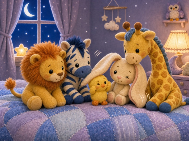 The Cozy Middle: Nino Chick stands near Bibi Bunny as Bunny's long floppy ears gently fall down with a soft flop, making Nino blink. Leo Lion, Zizi Zebra, and Gigi