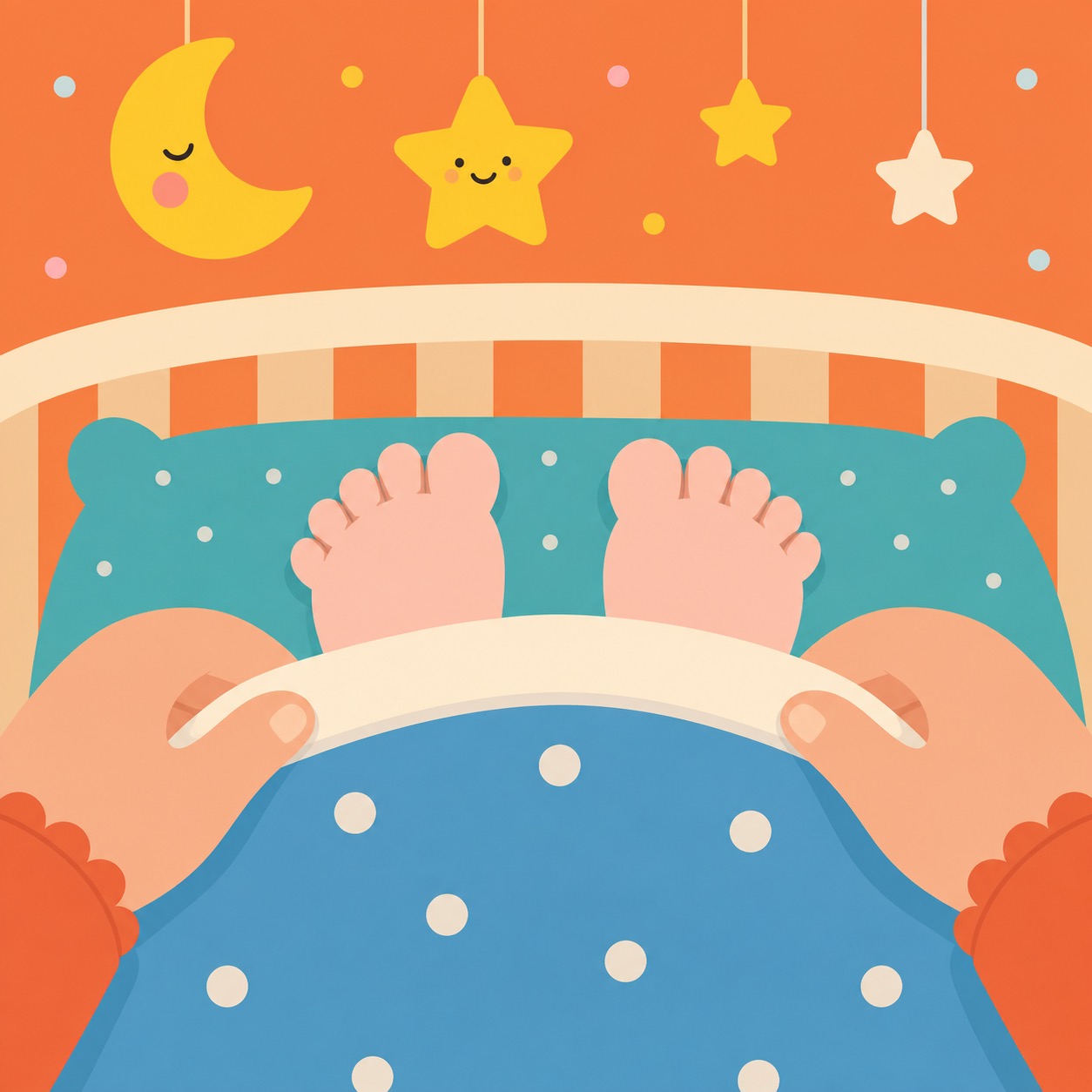 Ten Little Toes: Mama's hands tuck two tiny baby feet under a soft bedtime blanket.
