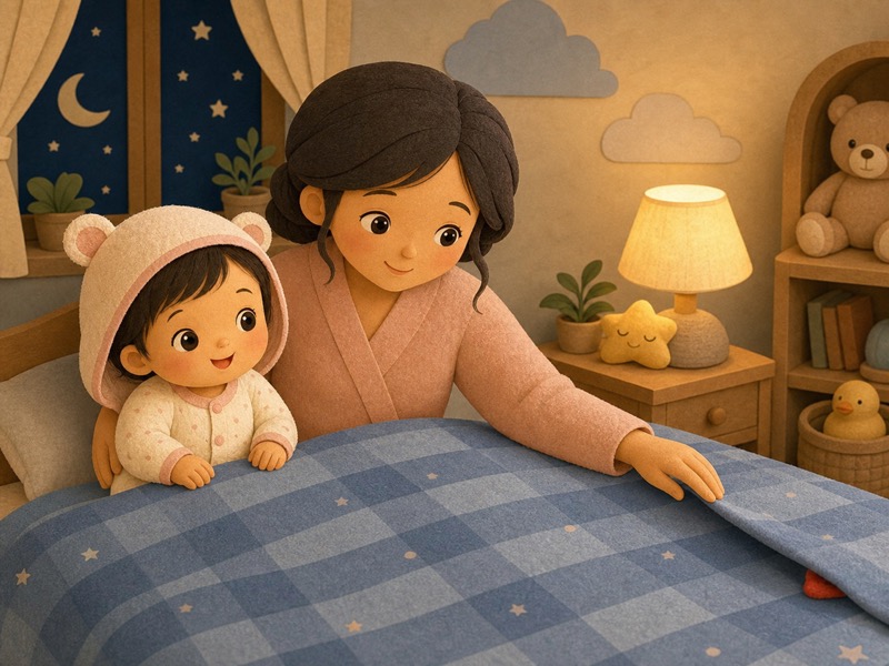 Mimi and the Warm Red Sock: Story moment of Mimi noticing a small red part of the missing second sock peeking from under a blue blanket on the bed. Mimi is fully dressed in the