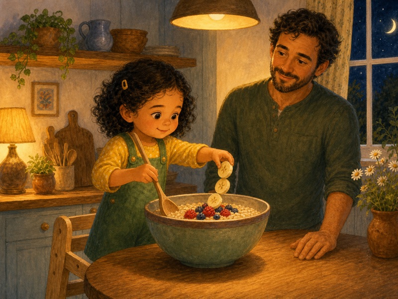 The Wobbly Wooden Spoon: Lena carefully adding exactly three banana slices to the bowl and stirring slowly with the wooden spoon; same yellow shirt and green overalls, Papa