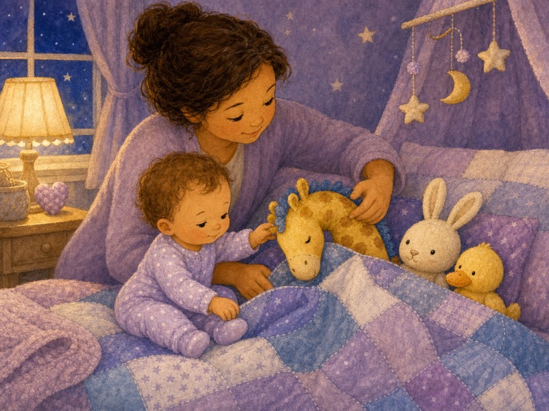 Nell Tucks In Tall Giraffe: Mama gently helps Tall Giraffe bend down on the blue-and-lavender patchwork quilt while Nell helps with one small hand near the open place. Tall