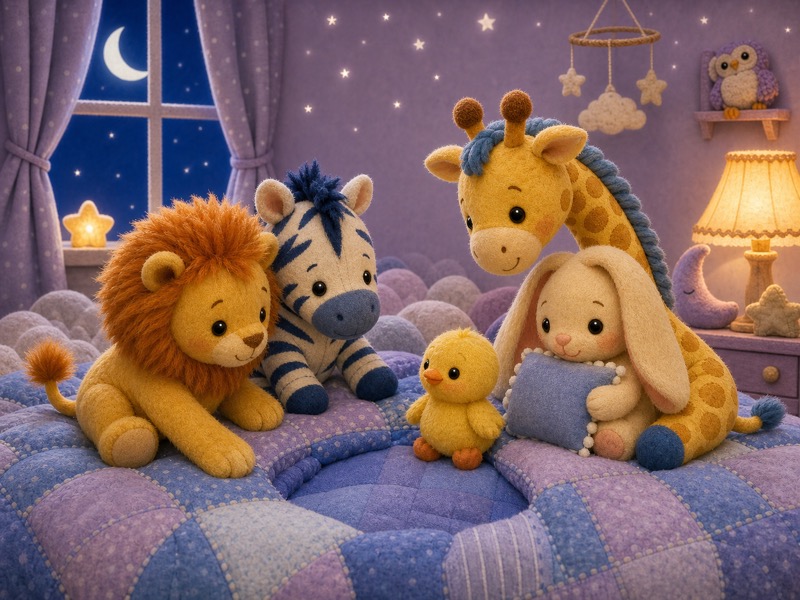 The Cozy Middle: Leo Lion pats the blue-and-lavender patchwork quilt while the friends scoot to make room. Zizi Zebra wiggles a little to the left, Gigi Giraffe leans