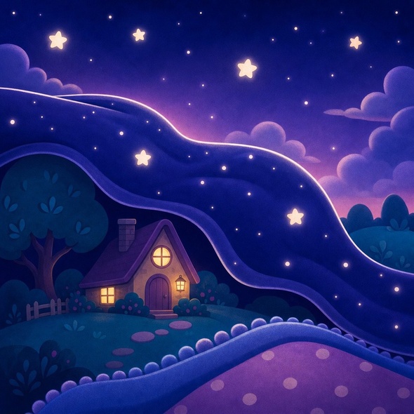 A soft indigo dark settles like a blanket over the hill and tiny house.