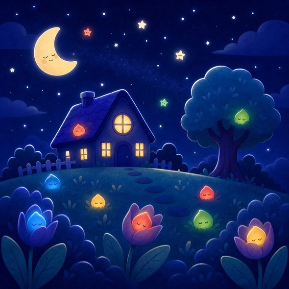 The colors sleep in tiny glowing places while the house rests under the night sky.