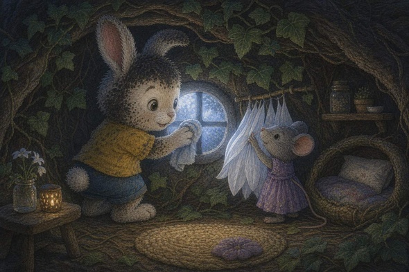 Benny helps Nibble the mouse uncover a tiny round window and hang a flower petal curtain for moonlight.