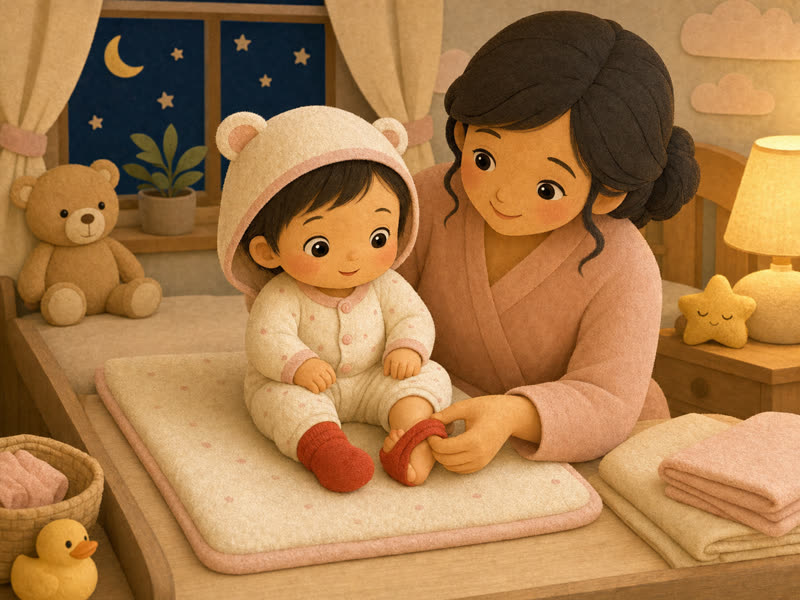 Mimi and the Warm Red Sock: Mama putting the found red sock on Mimi's foot, toe in and heel in, Mimi watching calmly with both feet close together, soft cozy nursery, gentle