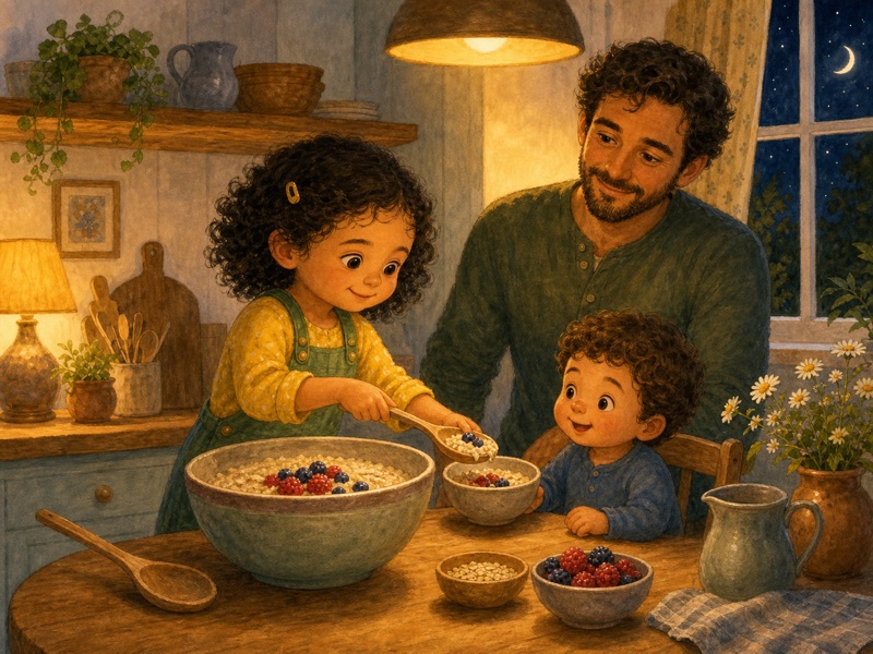 The Wobbly Wooden Spoon: Lena serving the warm oat snack carefully into a small bowl for little brother Ben at the clean kitchen table; Lena wears the same yellow shirt and