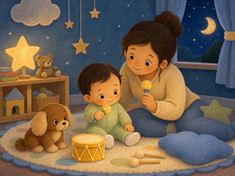 Bibi Taps Softly: Mama gives Bibi a tiny shaker, and Bibi shakes it softly while Mama shakes another shaker very softly. Pip sits calmly beside the yellow drum. Keep