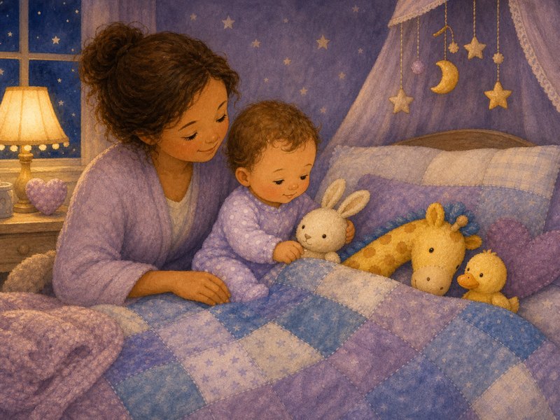Nell Tucks In Tall Giraffe: Soft bedtime storybook illustration in watercolor and fabric-collage texture: Nell, a baby in pale lavender pajamas with tiny white dots, sits safely