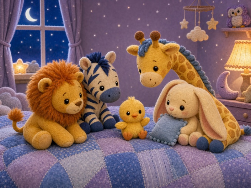 The Cozy Middle: Nino Chick sits happily in the open middle of the blue-and-lavender patchwork quilt. He can see Leo Lion, Zizi Zebra, Gigi Giraffe, and Bibi Bunny