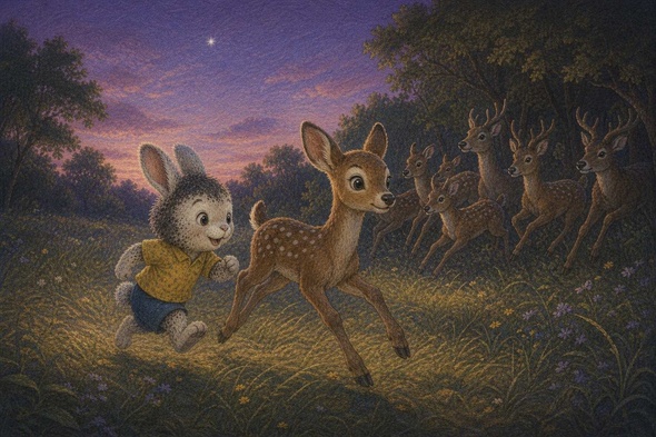 Longlegs the fawn guides a gentle deer herd safely across the dusky meadow while Benny runs beside him.