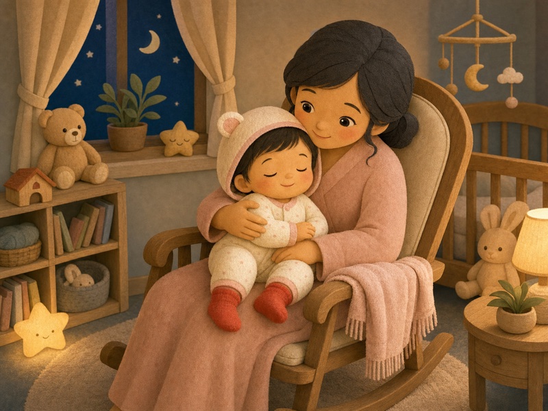 Mimi and the Warm Red Sock: Peaceful bedtime ending: Mama holding Mimi close and rocking gently, with both of Mimi's red socks fully visible on both feet. Mimi is calm in clean