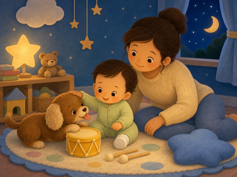 Bibi Taps Softly: Peaceful ending: Bibi gives Pip a soft pat, Pip licks Bibi's hand, and Mama smiles nearby. The yellow drum rests on the play mat and Pip touches it