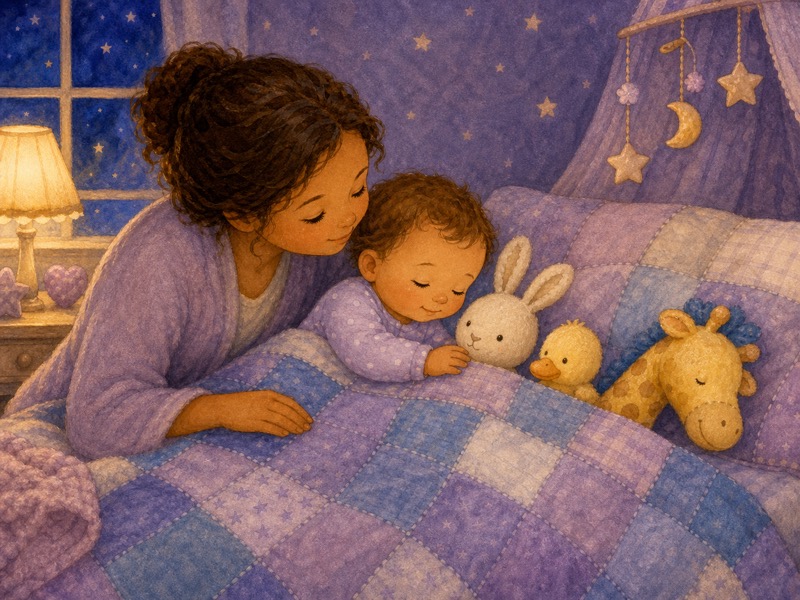 Nell Tucks In Tall Giraffe: Peaceful bedtime storybook illustration in a cozy lavender starry nursery: Nell, a baby in pale lavender pajamas with tiny white dots, lies sleepy