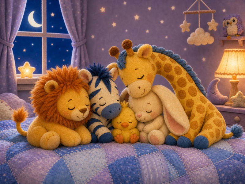 The Cozy Middle: Peaceful ending: Nino Chick sleeps in the cozy middle with his tiny feet tucked in, surrounded by Leo Lion, Zizi Zebra, Gigi Giraffe, and Bibi Bunny