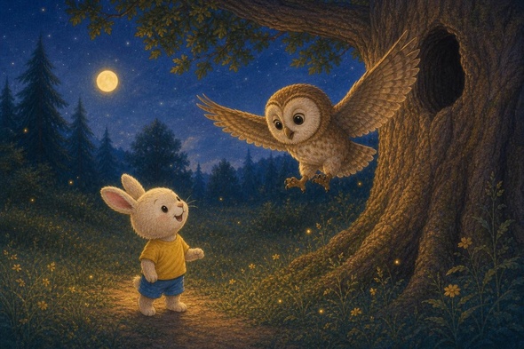Hoot the gentle owl glides down from an old oak tree to remind Benny that it is time to go home.