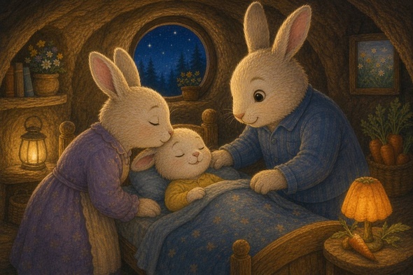 Mommy and Daddy rabbit tuck sleepy Benny into bed inside the warm burrow under a starry window.