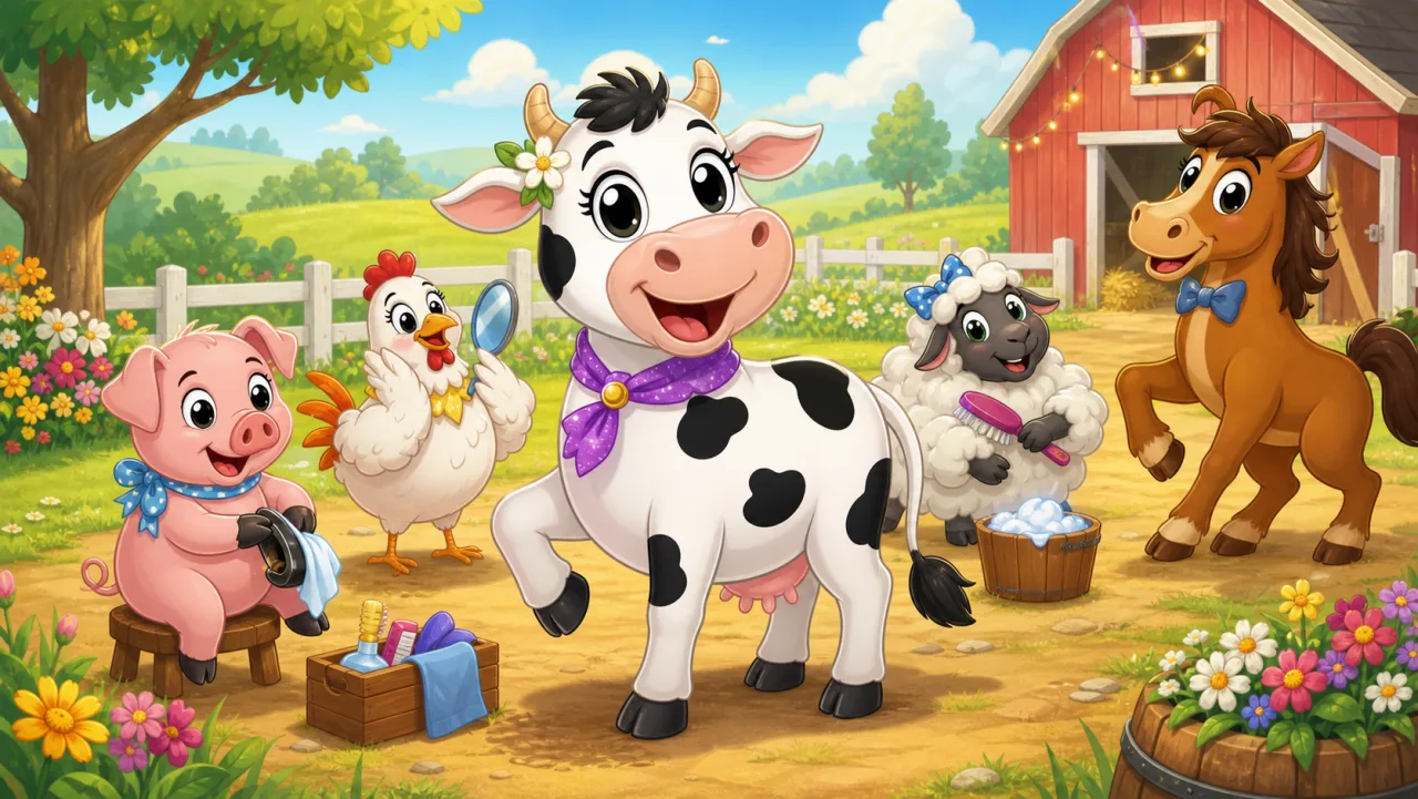 La vaca Bessie y sus amigos de la granja se preparan para el gran baile anual de la granja.