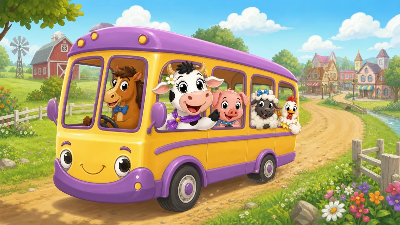 Bessie viaja en un alegre autobús desde la granja hacia la ciudad.