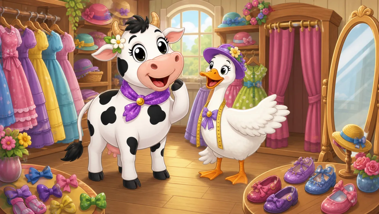 Gracie Goose le da la bienvenida a Bessie al interior de una acogedora tienda de ropa llena de vestidos y zapatos.