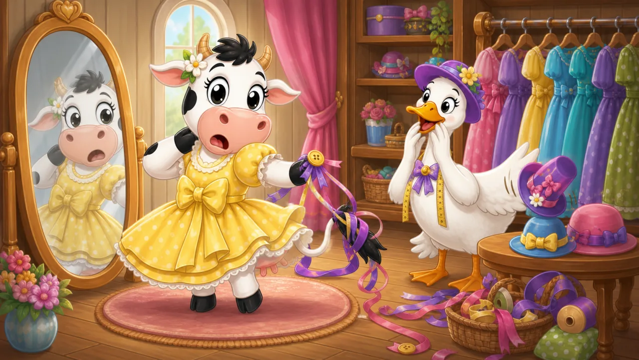 La cola de Bessie se enreda en cintas mientras se prueba un vestido amarillo.