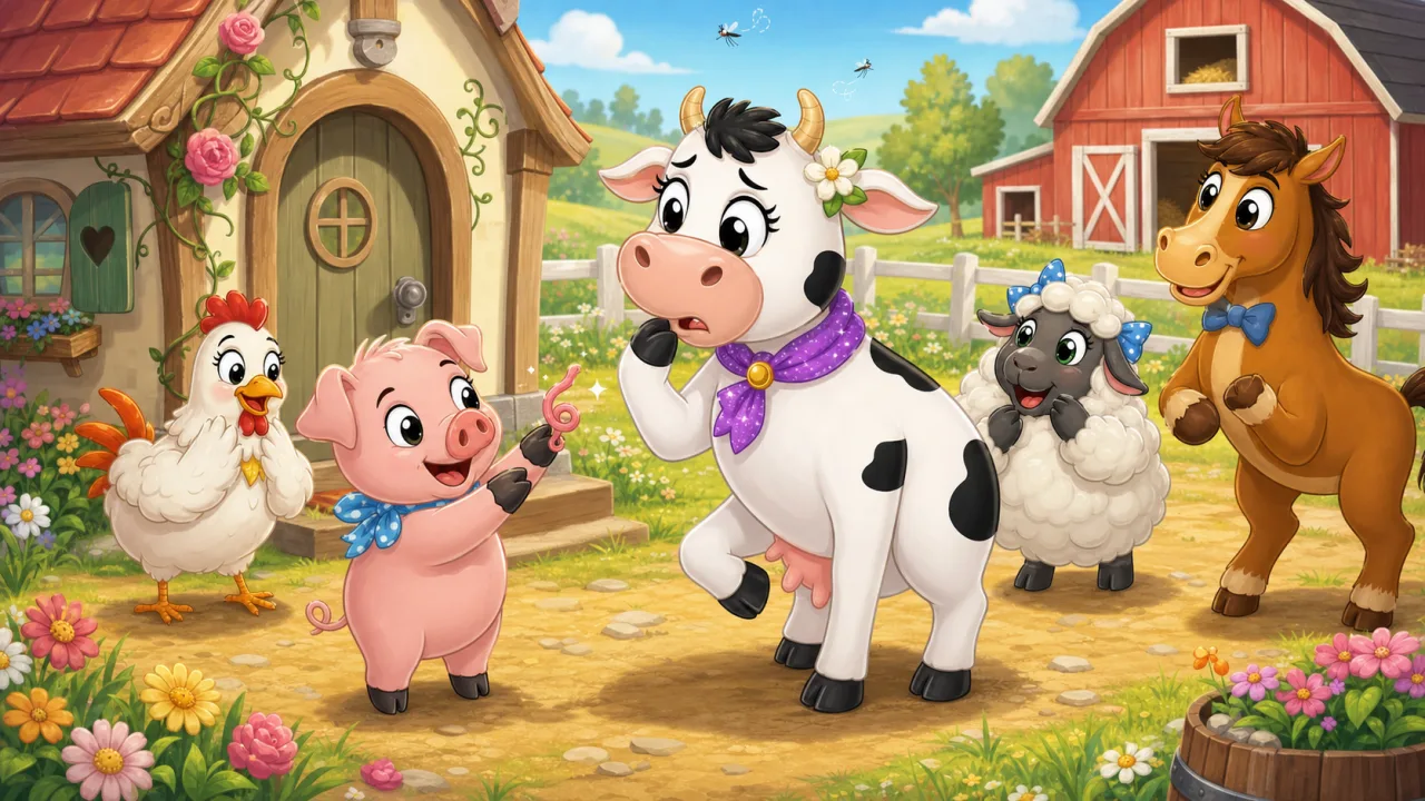 Los amigos de la granja de Bessie se reúnen mientras Penny Pig ofrece su pequeña cola rizada.