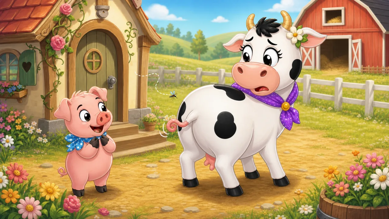 Bessie prueba la pequeña cola rizada de Penny Pig, pero es demasiado corta para alcanzar un mosquito.