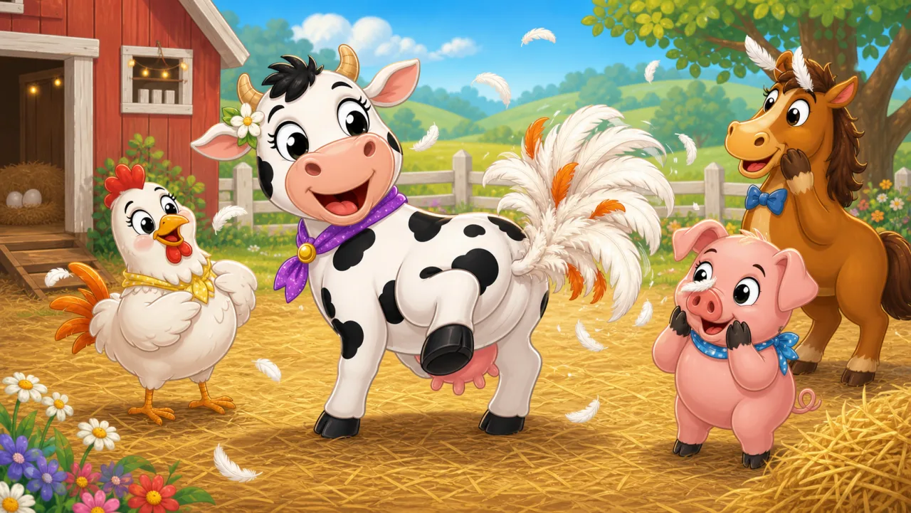Bessie prueba la cola de plumas de Henrietta Hen y se ríe mientras las plumas les hacen cosquillas a todos.