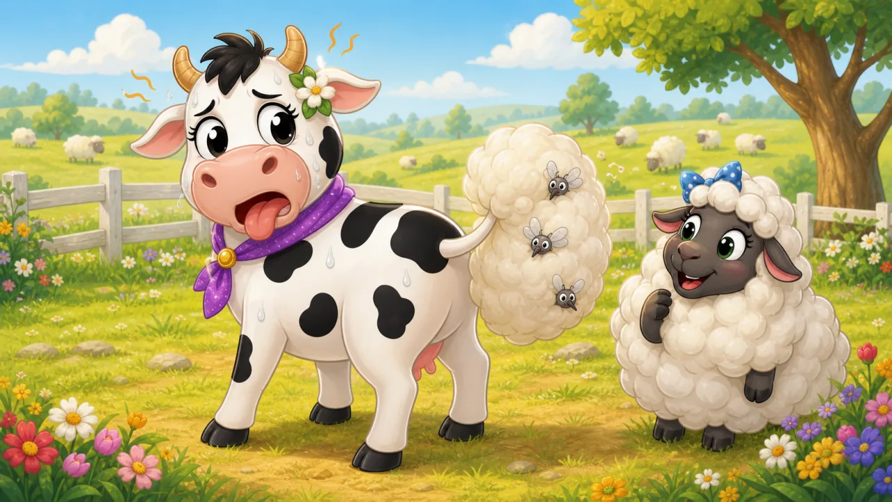 Bessie prueba la cola esponjosa de Woolly Sheep, pero hace demasiado calor y protege a los mosquitos.