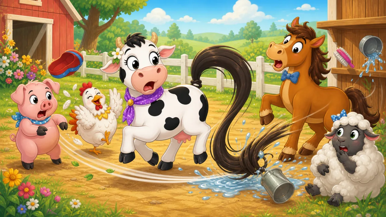 Bessie prueba la larga cola de Harry Horse, que se balancea salvajemente por el corral.
