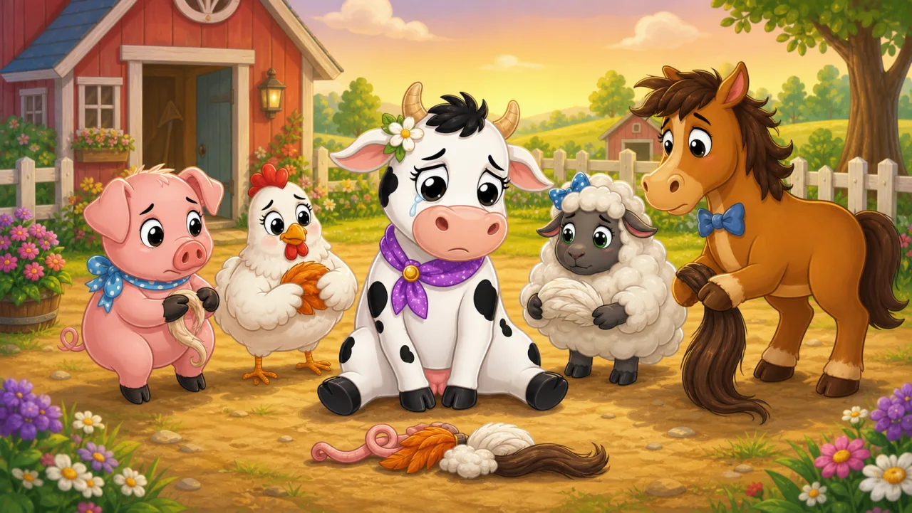 Bessie se sienta triste con sus amigas después de que ninguna de las colas prestadas encaja.