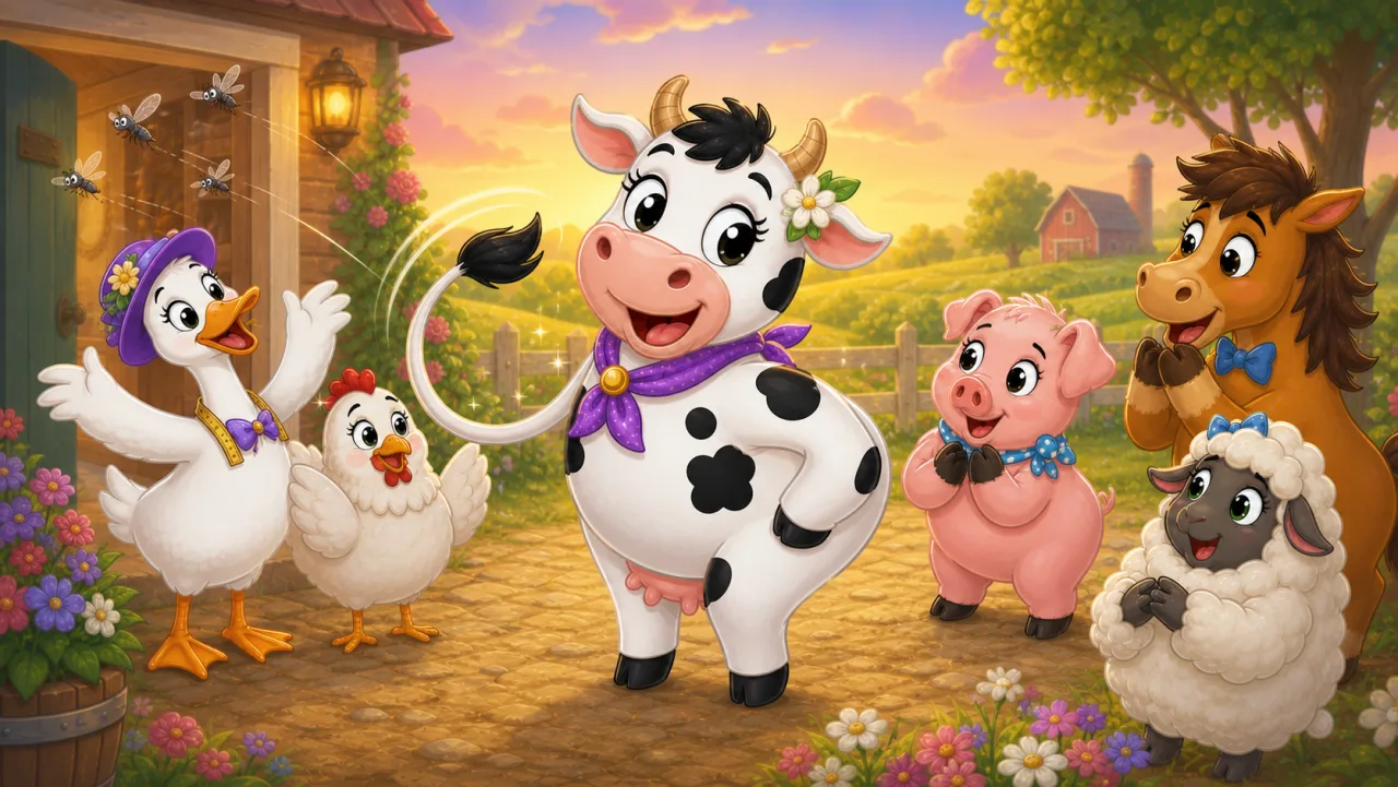 Bessie mueve felizmente su propia cola y ahuyenta a los mosquitos.