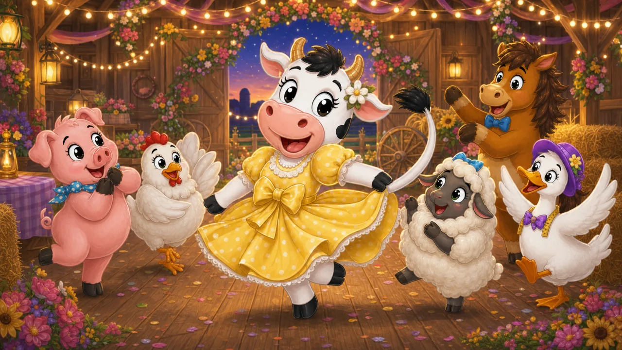 Bessie baila en el gran baile de la granja con su vestido amarillo y su propia cola balanceándose.