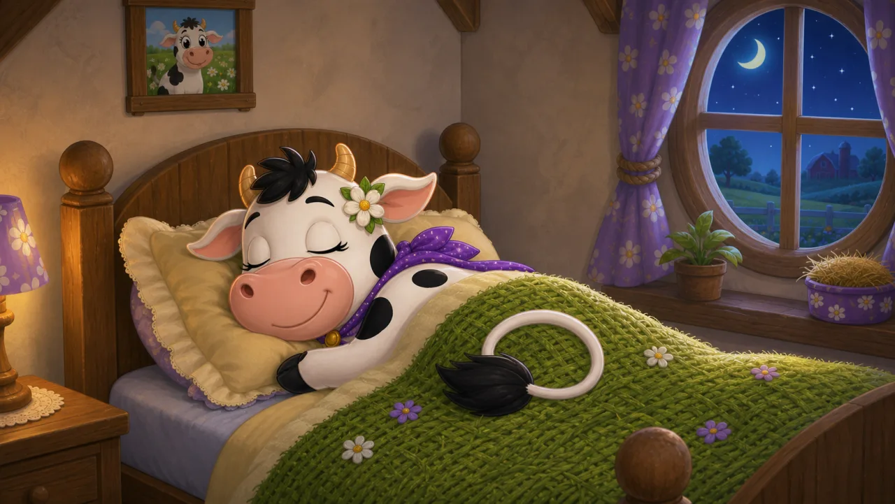Bessie duerme tranquilamente en la cama con su propia cola apoyada a su lado.