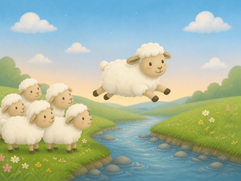 The first fluffy sheep gently jumping over the tiny river
