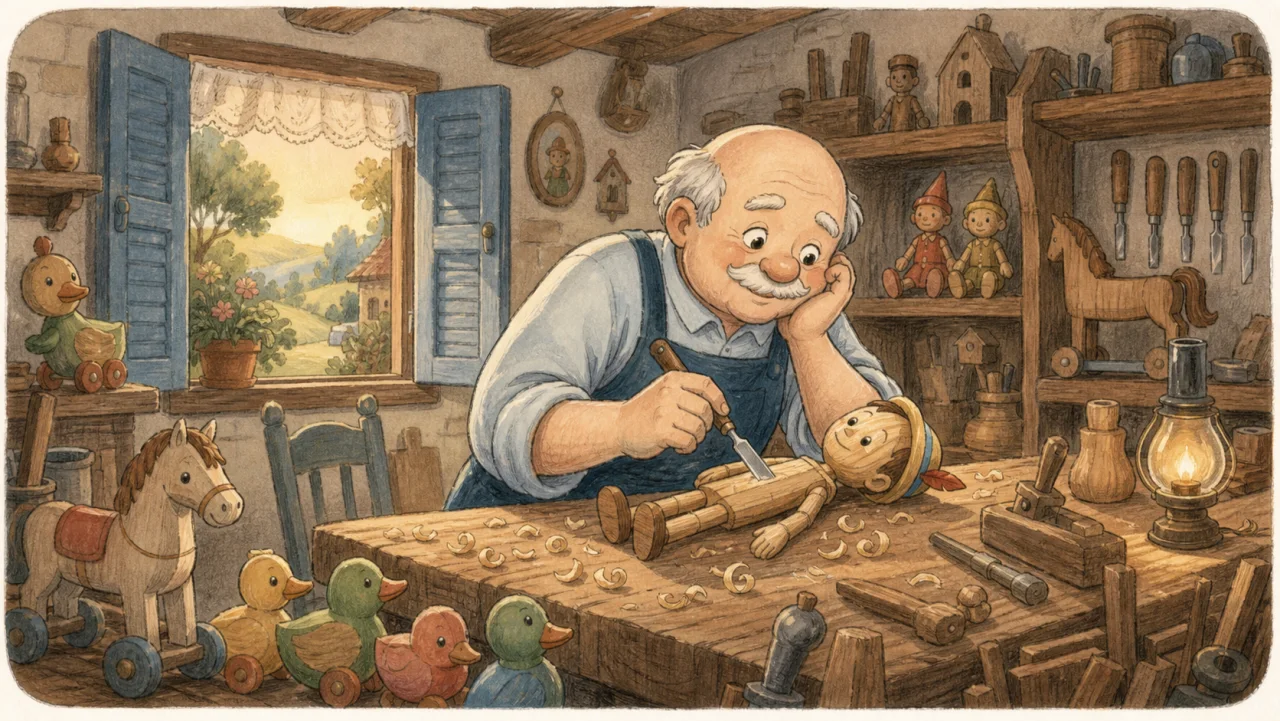 Geppetto sits in his cozy toy-filled woodcarver workshop.