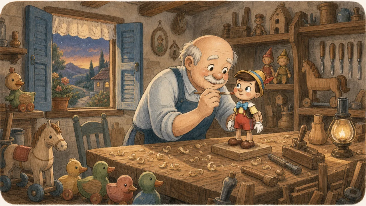 Geppetto finishes the wooden boy Pinocchio on his workbench.